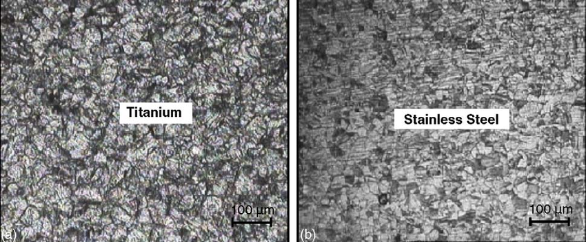钛合金(左)与不锈钢(右)的金相组织对比